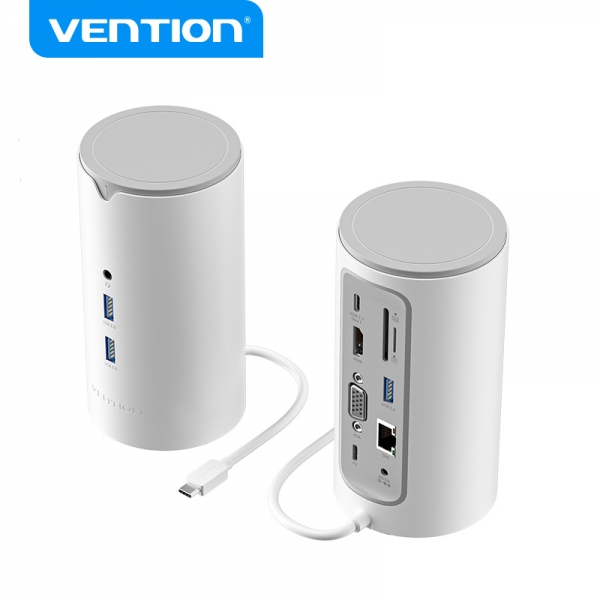 Vention Station d'accueil 12 en 1 USB-C vers HDMI 4K/VGA/3xUSB3.0/USB-C Gen1/RJ45/Lecteur SD/2XJack Audio/DC 5V/PD100W TPHWC - 0,15m - Blanc