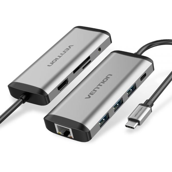Vention Station d'accueil 9 en 1 USB-C vers HDMI 4K/3xUSB 3.0/RJ45/Lecteur SD/MicroSD/Jack Audio/PD 87W - 0,15m - Couleur Gris