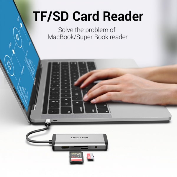 Vention Station d'accueil 9 en 1 USB-C vers HDMI 4K/3xUSB 3.0/RJ45/Lecteur SD/MicroSD/Jack Audio/PD 87W - 0,15m - Couleur Gris