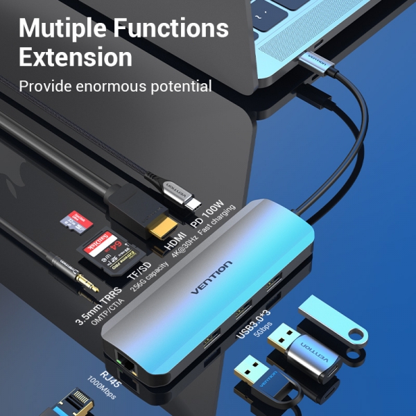 Vention Station d'accueil 9 en 1 USB-C vers HDMI 4K/3xUSB3.0/RJ45/Lecteur SD/MicroSD/Jack Audio/PD100W - 0,15m - Couleur Gris