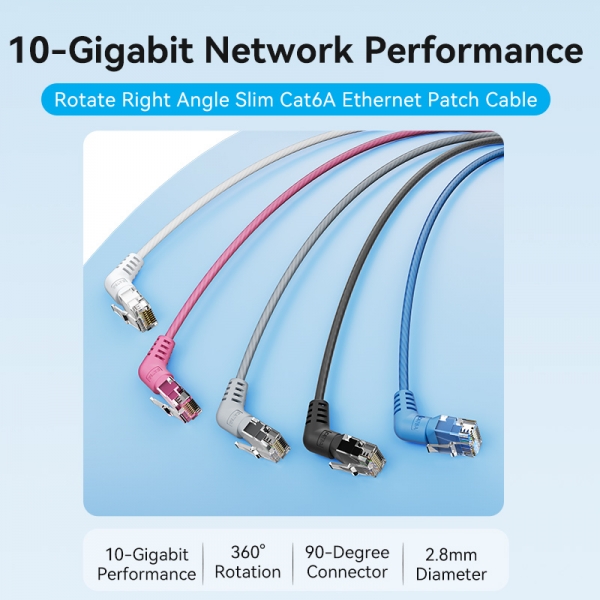 Vention UTP RJ45 Slim Cat.6A Câble Réseau Tête Rotative 360º Angle Droit - 1m - Couleur Noir