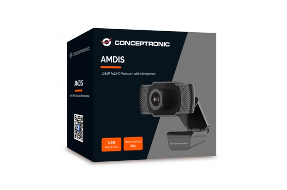Webcam Conceptronic Full HD 1080p USB 2.0 - Microphone intégré - Mise au point fixe - Angle de vision de 90º - Câble de 1,50 m - Couleur noire