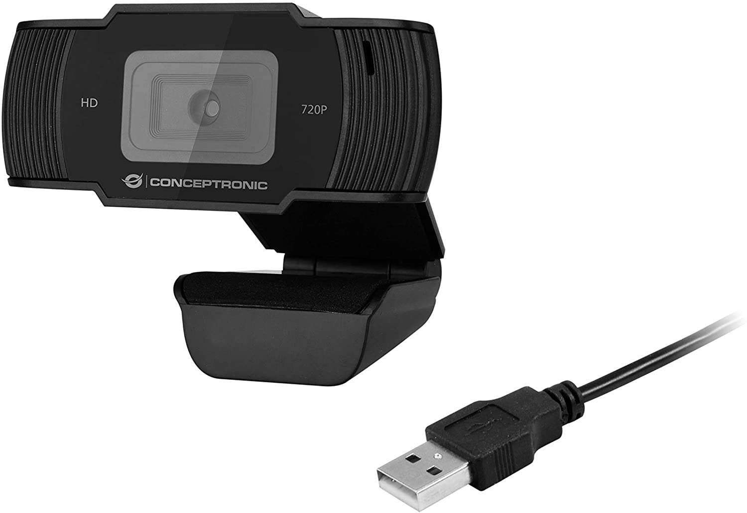 Webcam Conceptronic HD 720p USB 2.0 - Microphone intégré - Mise au point fixe - Cache de confidentialité - Angle de vision de 90º - Câble de 1,50 m
