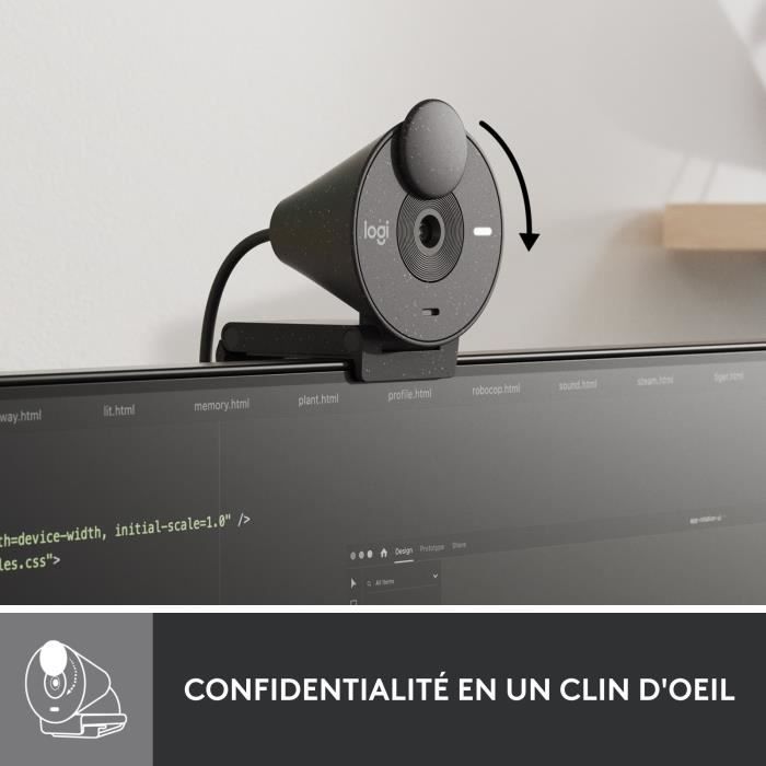 Webcam - Full HD 1080p - Logitech - Brio 300 - Microphone intégré avec réduction de bruit - Obstrurateur - Graphite