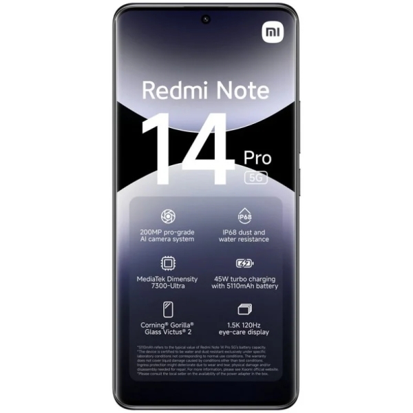 Xiaomi Redmi Note 14 Pro 5G Smartphone Écran AMOLED 6,67" - 8 Go - 256 Go - Caméra principale 200 MP - Batterie 5110 mAh - HyperCharge 45 W - Couleur Noir