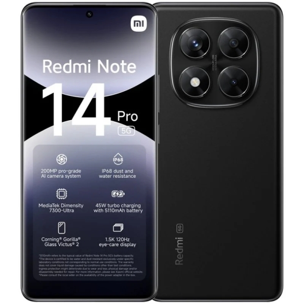 Xiaomi Redmi Note 14 Pro 5G Smartphone Écran AMOLED 6,67" - 8 Go - 256 Go - Caméra principale 200 MP - Batterie 5110 mAh - HyperCharge 45 W - Couleur Noir
