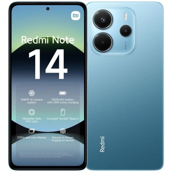 Xiaomi Redmi Note 14 Smartphone Écran AMOLED 6,67" - 6 Go - 128 Go - Appareil photo principal 108 MP - Batterie 5500 mAh - HyperCharge 33 W - Couleur Bleu