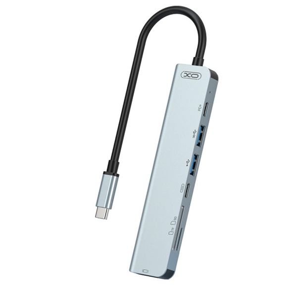 XO Hub USB Type C - 1 HDMI - 2 USB - Lecteur de Cartes - 2 USB Type C - Câble 15cm - Couleur Gris