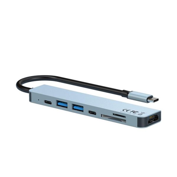 XO Hub USB Type C - 1 HDMI - 2 USB - Lecteur de Cartes - 2 USB Type C - Câble 15cm - Couleur Gris