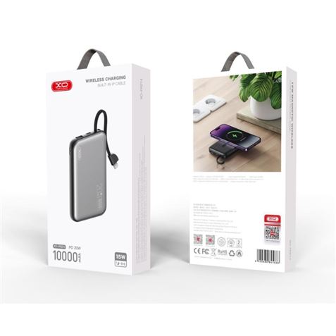 XO Powerbank 10000Mah - Chargement sans fil - Sortie USB-C 20W - Facile à transporter - 600 Cycles de charge - Résistant - Couleur Gris